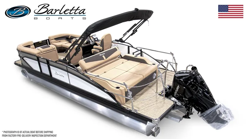 Slide: The Image of 2025 Barletta Cabrio 22UC pontoon boat with beige seating and black canopy. - 2