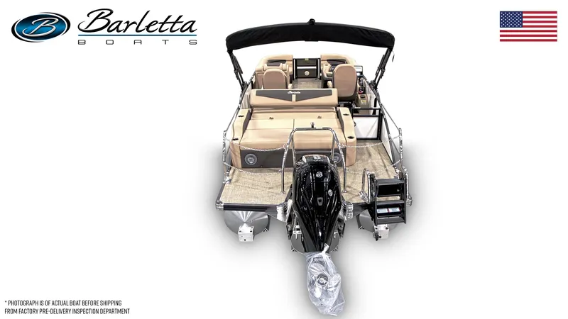 Slide: The Image of 2025 Barletta Cabrio 22UC pontoon boat, rear view, with American flag and logo. - 3