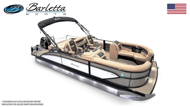 Slide: The Image of 2025 Barletta Cabrio 22UC pontoon boat with beige seating and black canopy. - 5