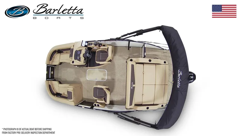 Slide: The Image of 2025 Barletta Cabrio 22UC pontoon boat, top view, beige interior, black canopy, American flag. - 7