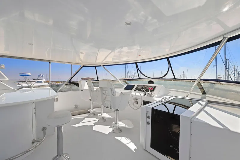Slide: The Image of 2001 Hatteras 75 Sport Deck yacht interior with helm, seating, and panoramic windows. - 49