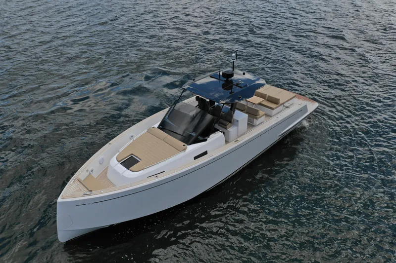 Slide: The Image of 2024 Pardo Yachts P43 luxury yacht cruising on open water. - 10