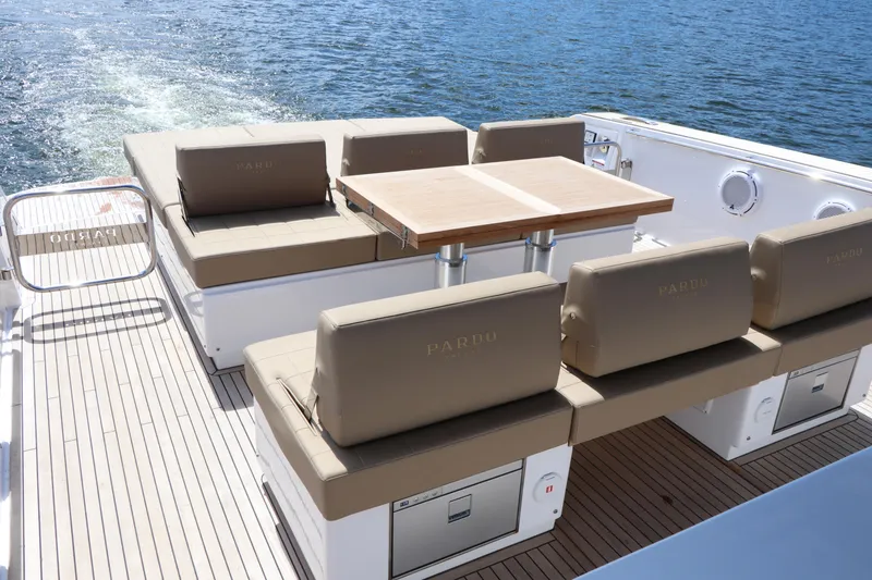 Slide: The Image of Luxurious seating area on 2024 Pardo Yachts P43, featuring elegant design and waterfront views. - 21