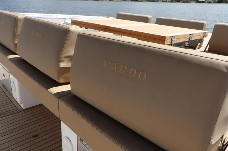 Slide: The Image of Pardo Yachts P43 2024 model with elegant beige seating on deck. - 30