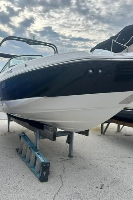Slide: The Image of 2018 Monterey M45 boat on dry dock under cloudy sky. - 3