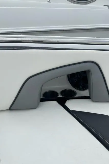 Slide: The Image of 2018 Monterey M45 boat interior with sleek white and gray seating design. - 35