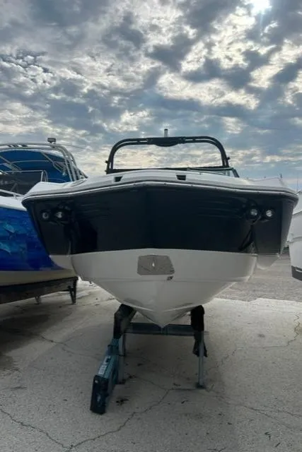 Slide: The Image of 2018 Monterey M45 boat under cloudy sky, front view. - 5