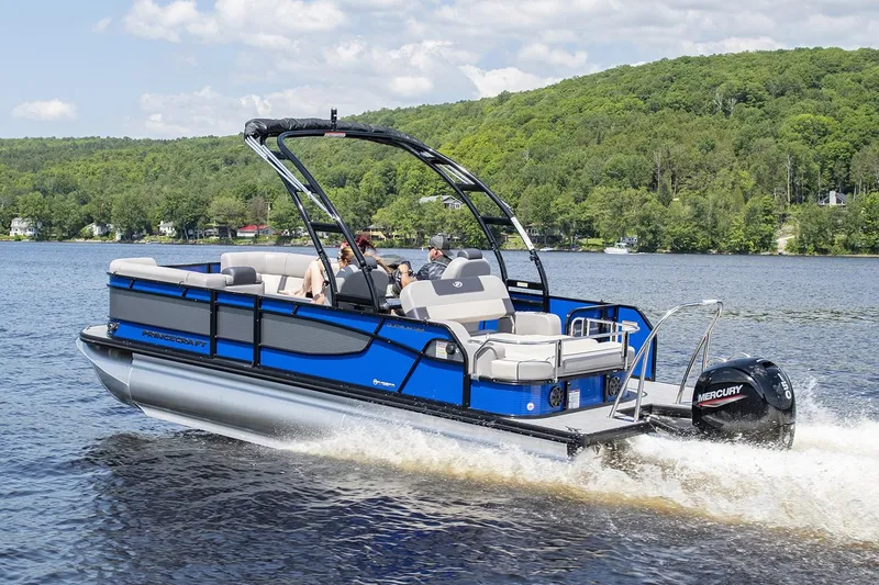 Slide: The Image of 2024 Princecraft Quorum 23 RL pontoon boat with spacious seating and modern design. - 3