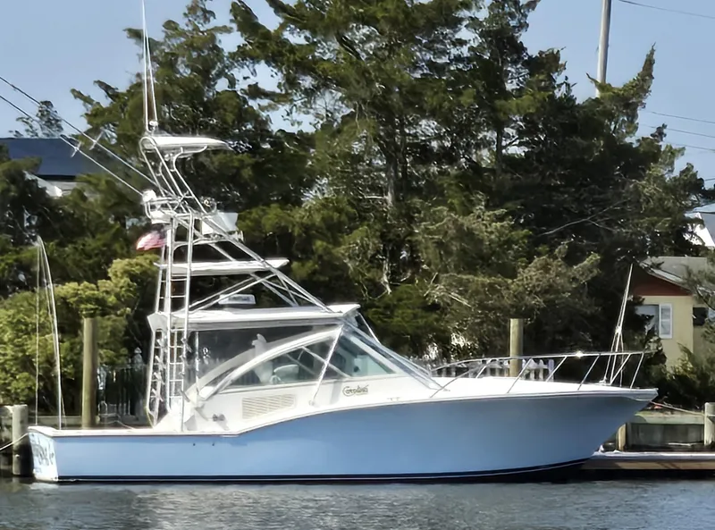 Slide: The Image of 2007 Carolina Classic 35 boat docked near trees, side view. - 21