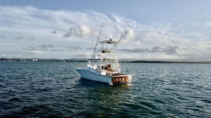 Slide: The Image of 2004 Predator 35 boat on calm sea under a cloudy sky. - 10