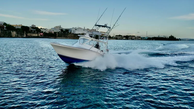 Slide: The Image of 2004 Predator 35 boat cruising swiftly on blue ocean waters near a coastal city. - 16