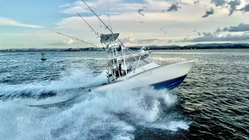 Slide: The Image of 2004 Predator 35 boat navigating through waves at sea, under a cloudy sky. - 19