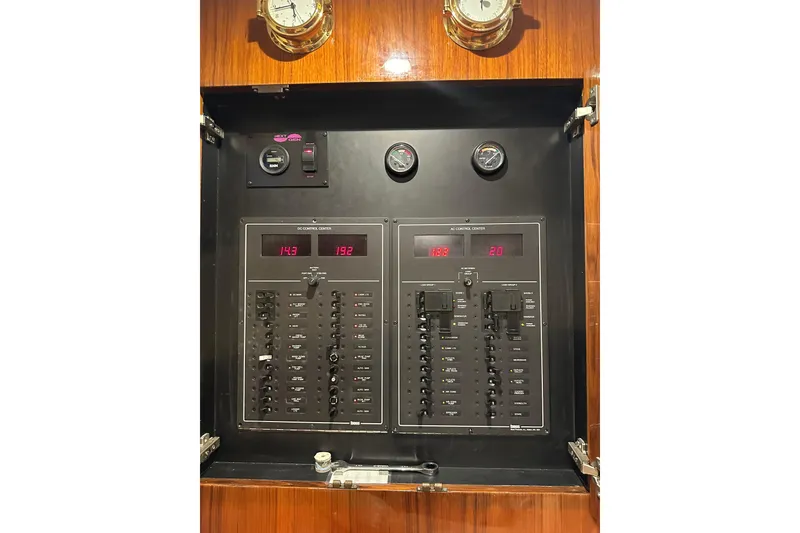 Slide: The Image of Electrical control panel on a 2004 Predator 35 boat, featuring gauges and switches. - 35