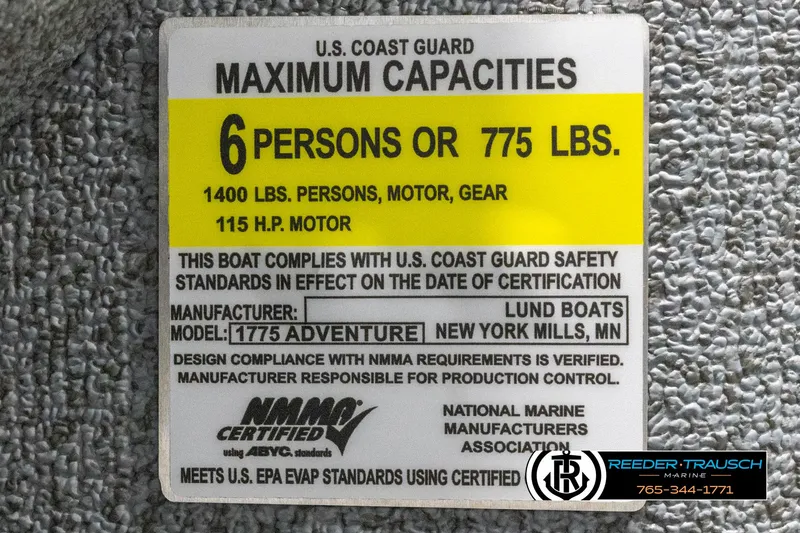 Slide: The Image of 2025 Lund 1775 Adventure SS capacity label: 6 persons or 775 lbs, 115 HP motor. - 42