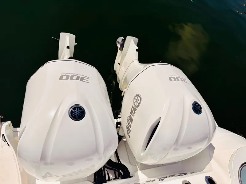 Slide: The Image of Twin Yamaha 300 outboard engines on a 2019 Sea Fox 328 Commander boat. - 8