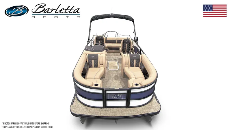 Slide: The Image of 2025 Barletta Lusso 23UC pontoon boat, luxury seating, elegant design, American flag. - 28