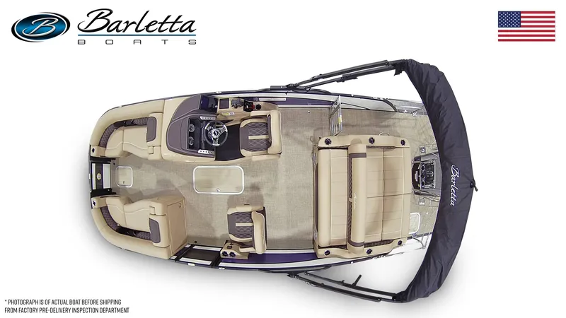 Slide: The Image of Top view of 2025 Barletta Lusso 23UC luxury pontoon boat with seating and canopy. - 29