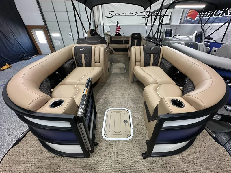 Slide: The Image of 2025 Barletta Lusso 23UC pontoon boat interior with luxurious seating and modern design. - 4