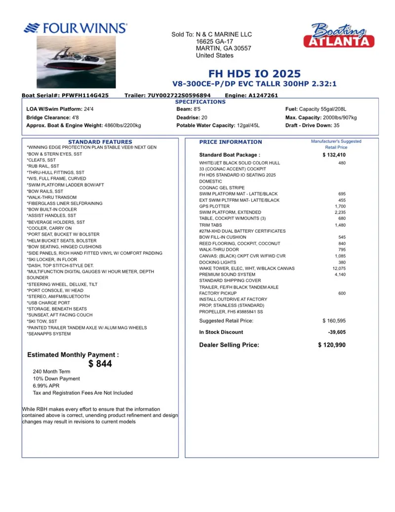 Slide: The Image of 2025 Four Winns HD5 boat specifications and pricing details. - 19