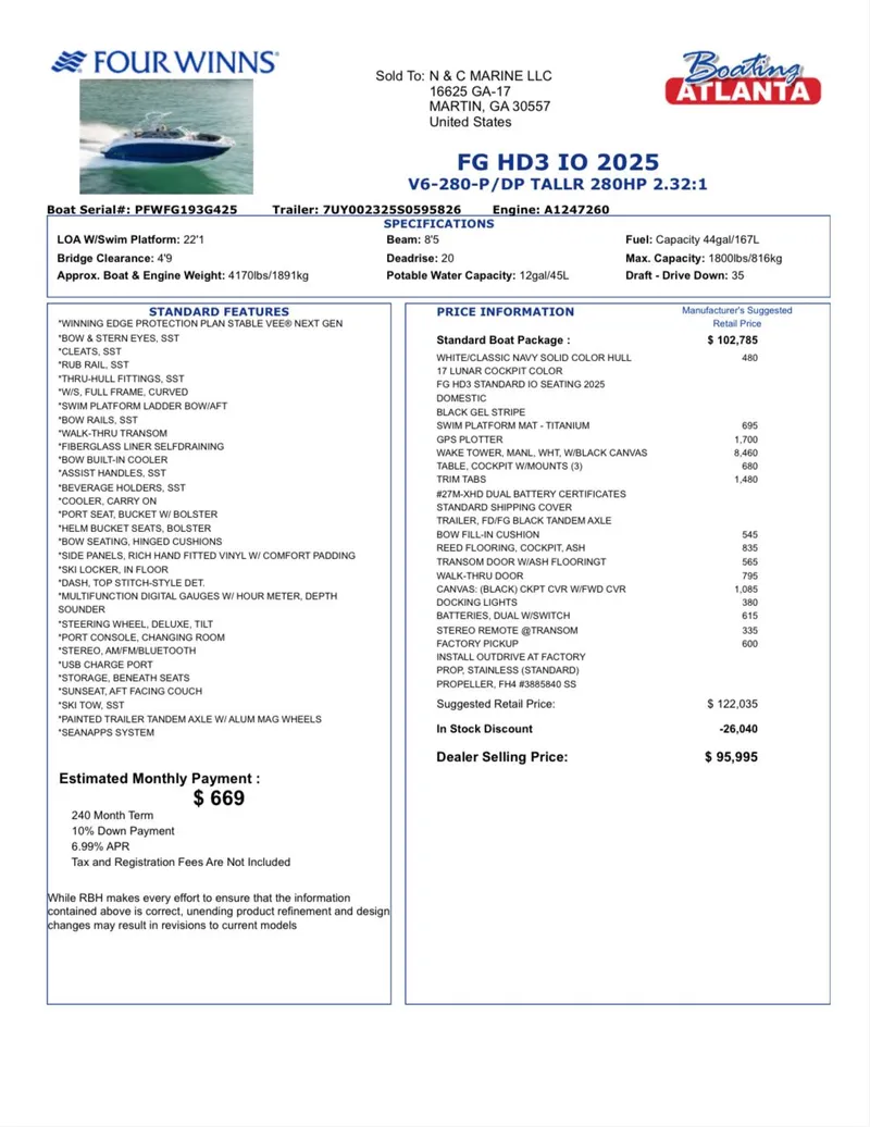 Slide: The Image of Four Winns HD3 2025 boat specifications and pricing details sheet. - 13
