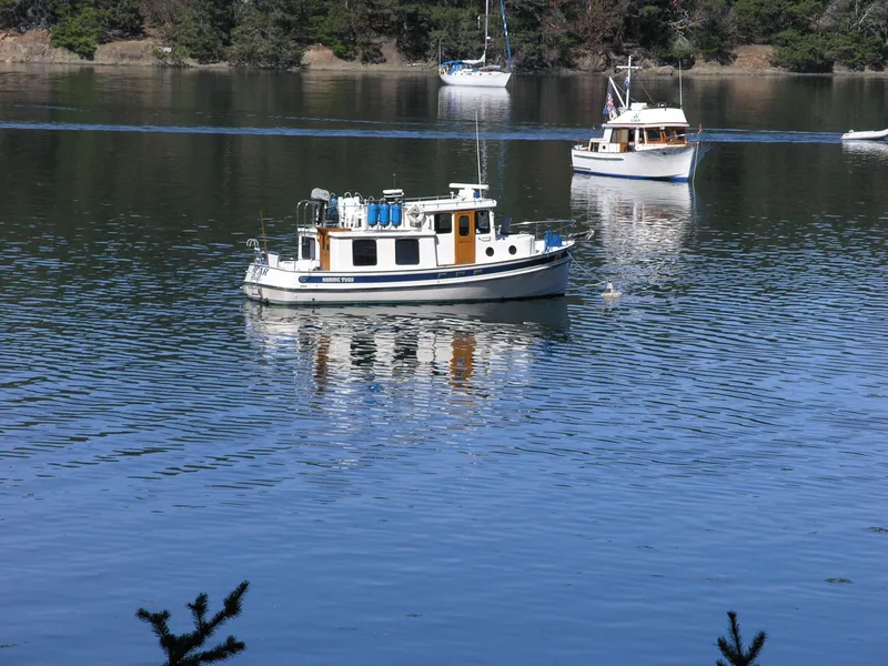 Slide: The Image of 1989 Nordic Tug 32 boat on calm water with trees in the background. - 3