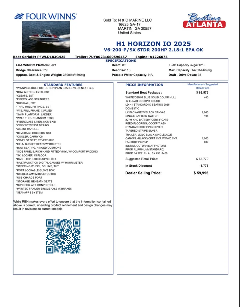 Slide: The Image of 2025 Four Winns H1 boat specifications and pricing details sheet. - 11