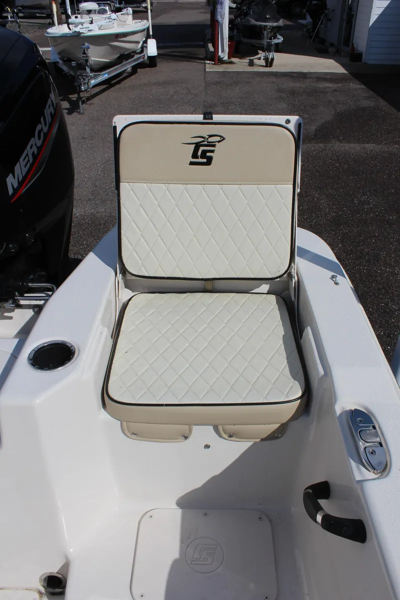 Slide: The Image of 2022 Carolina Skiff 17 LS boat seat with quilted design and logo. - 14