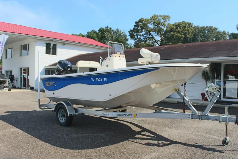 Slide: The Image of 2022 Carolina Skiff 17 LS boat on trailer, parked outside dealership. - 5