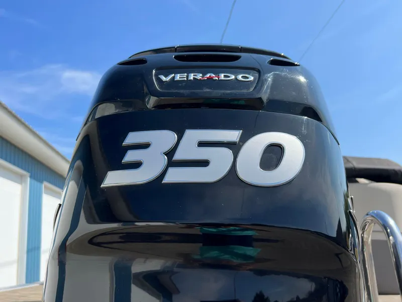 Slide: The Image of Outboard motor with "Verado 350" branding on a 2020 Harris FloteBote H SOL 250 CWDH TT. - 10