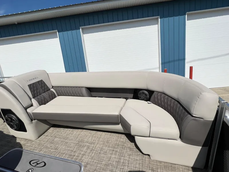 Slide: The Image of 2020 Harris FloteBote H SOL 250 CWDH TT pontoon boat interior with beige seating. - 15