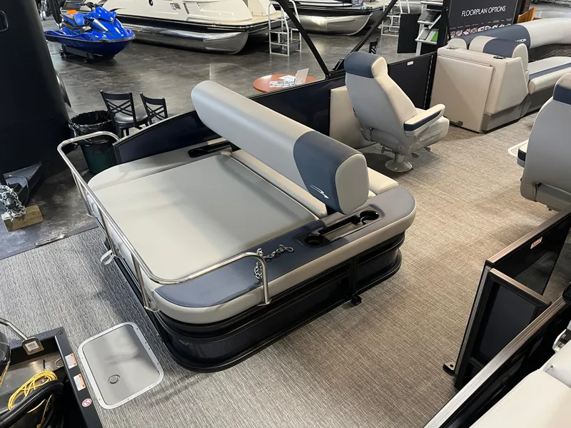 Slide: The Image of 2024 Bennington 22SSB-SPS pontoon boat interior with seating and floor options. - 11