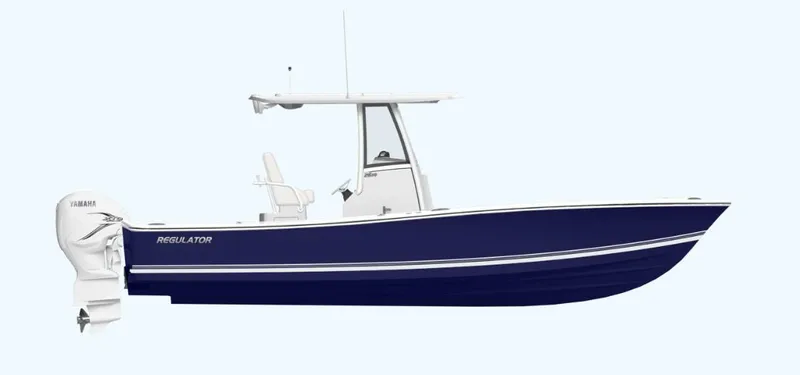 Slide: The Image of 2024 Regulator 26XO boat, side view, blue hull, white top, outboard motor. - 12