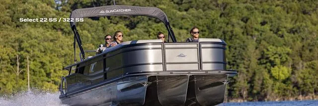 Slide: The Image of 2025 G3 Suncatcher Select 322SS boat interior with seating and table. - 17