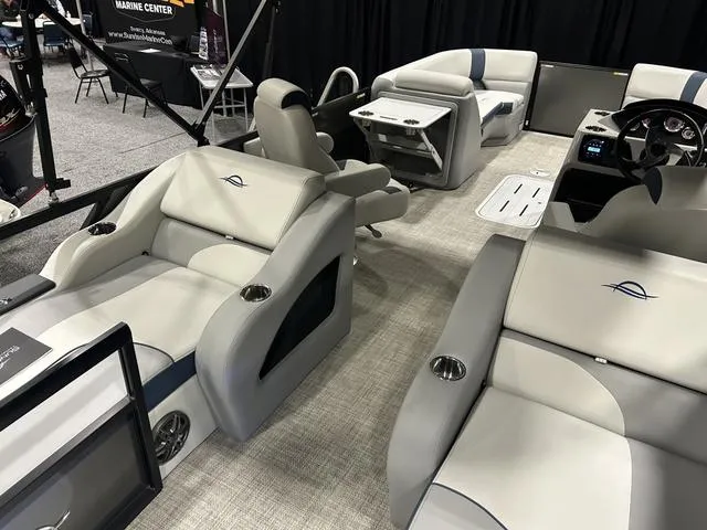 Slide: The Image of 2025 G3 SunCatcher Select 322SS boat with headrest storage feature. - 25