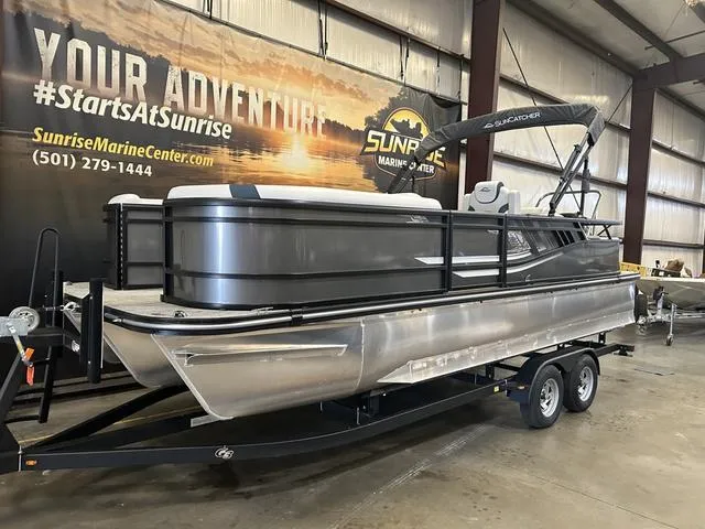 Slide: The Image of 2025 G3 Suncatcher Select 322SS pontoon boat with Yamaha 250HP engine in warehouse. - 3