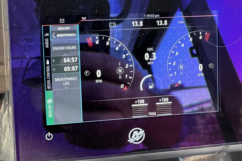 Slide: The Image of Dashboard of a 2023 Beneteau Antares 9 boat showing engine metrics and maintenance details. - 43