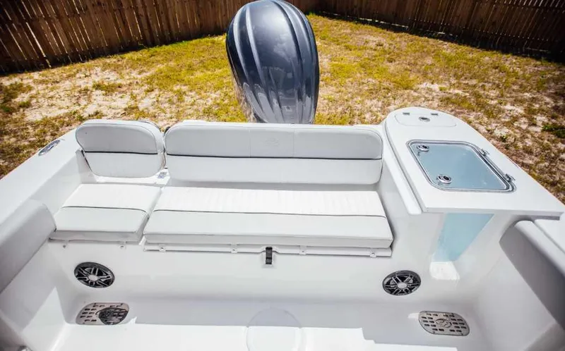 Slide: The Image of 2021 Sea Fox 248 Commander boat interior with seating and storage compartments. - 12