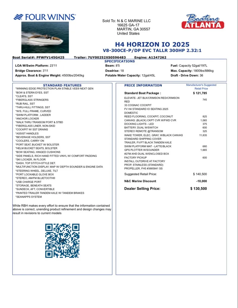 Slide: The Image of 2025 Four Winns H4 boat specifications and pricing details. - 9