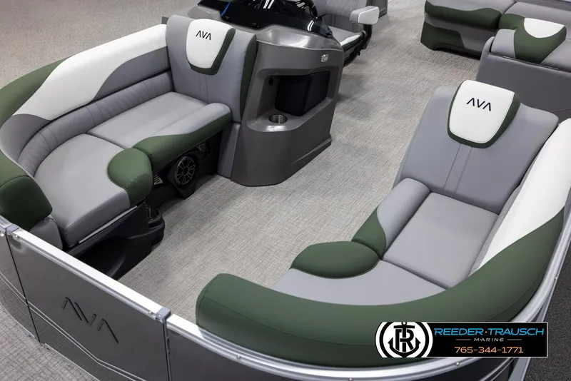 Slide: The Image of 2025 Avalon LSZ CRB boat interior with green and gray seating, modern design. - 10