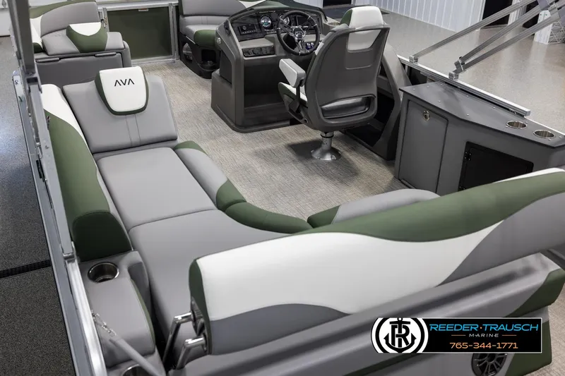Slide: The Image of 2025 Avalon LSZ CRB boat interior with modern seating and steering console. - 11