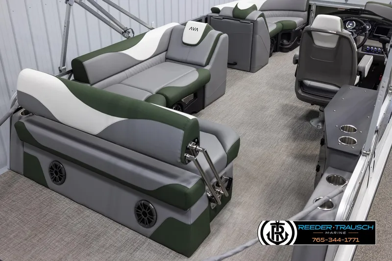 Slide: The Image of 2025 Avalon LSZ CRB boat interior with green and gray seating, modern design. - 12