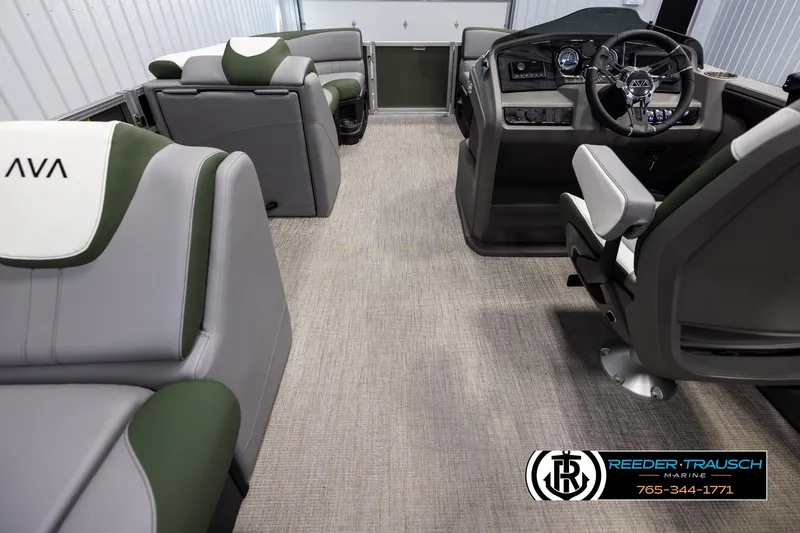 Slide: The Image of 2025 Avalon LSZ CRB boat interior with plush seating and modern dashboard. - 17