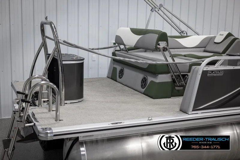 Slide: The Image of 2025 Avalon LSZ CRB pontoon boat interior with seating and ladder. - 49