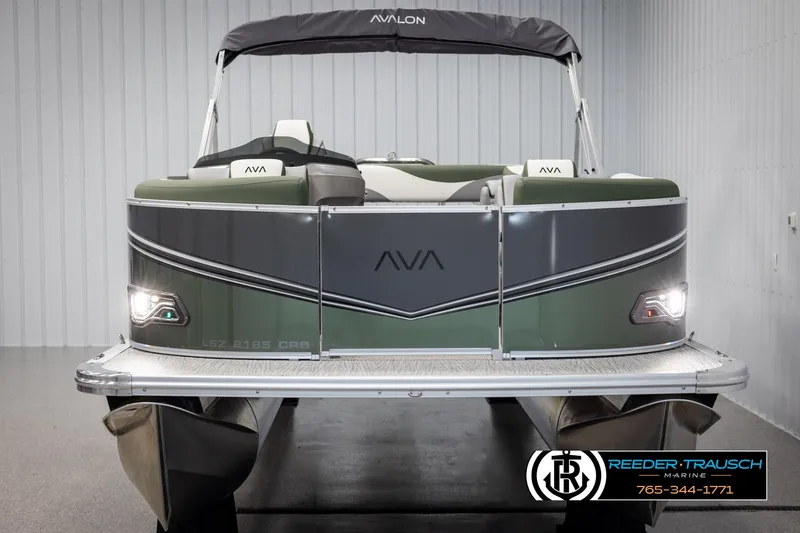 Slide: The Image of 2025 Avalon LSZ CRB pontoon boat in showroom, front view. - 8