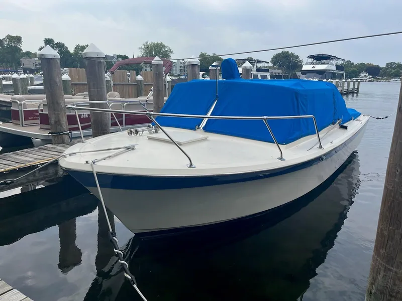 Slide: The Image of 1968 Chris-Craft COMMANDER 27 boat docked with blue cover in marina. - 4