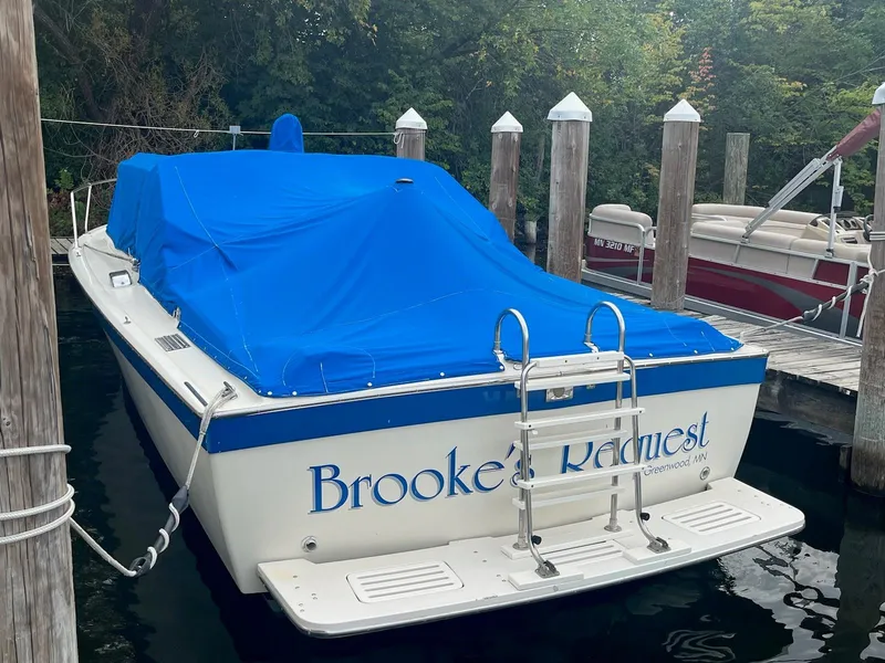 Slide: The Image of 1968 Chris-Craft COMMANDER 27 boat docked, covered with a blue tarp. - 9