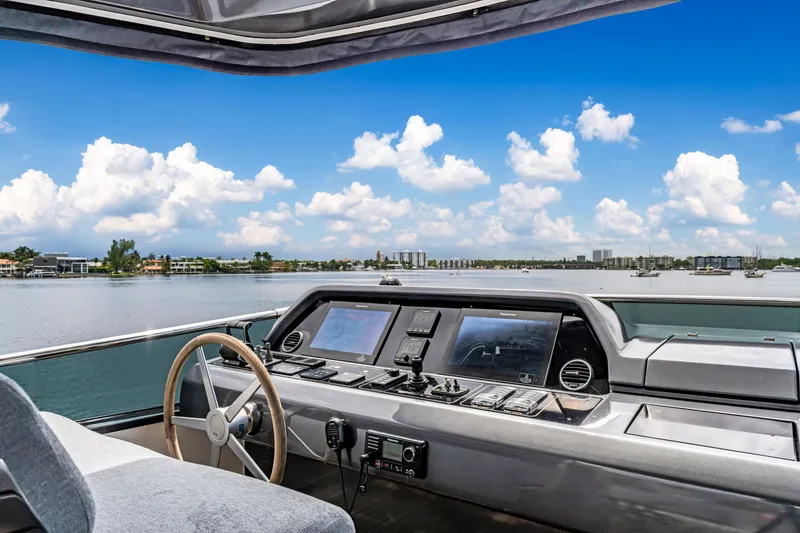 Slide: The Image of Sanlorenzo SL78 2018 yacht helm with scenic water view and blue sky. - 17
