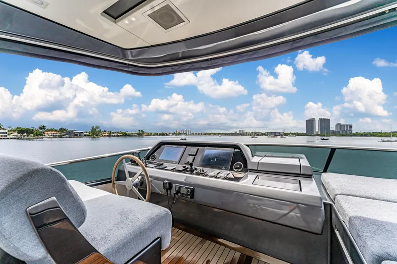 Slide: The Image of Sanlorenzo SL78 2018 yacht helm with panoramic water view and modern controls. - 24