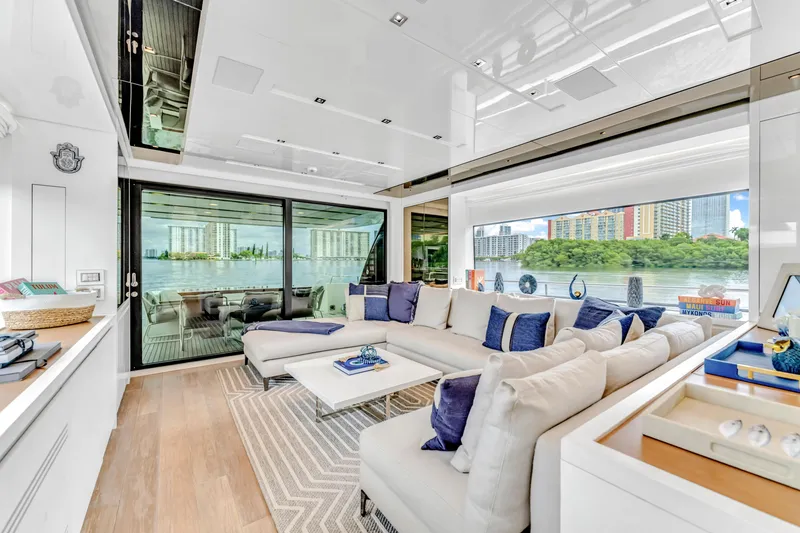 Slide: The Image of Luxurious interior of 2018 Sanlorenzo SL78 yacht with modern decor and waterfront view. - 26