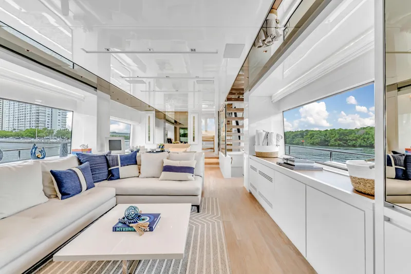 Slide: The Image of Luxurious interior of 2018 Sanlorenzo SL78 yacht with modern decor and scenic views. - 29